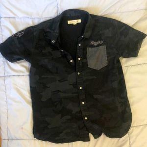 Blue black grey navy camouflage camo buttoned shirt single breast pocket